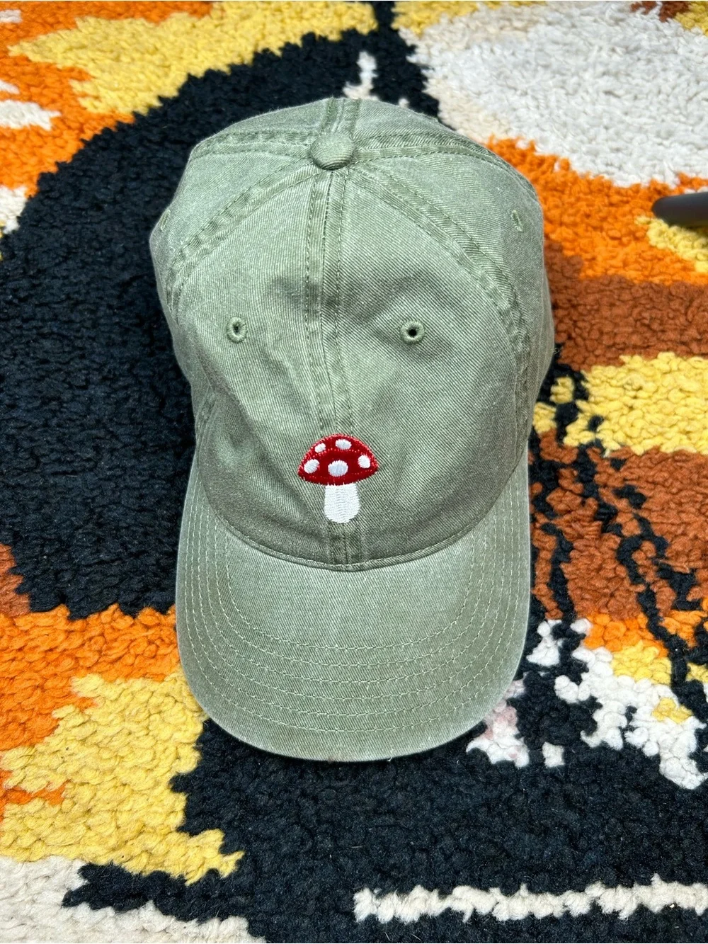 Cutesy, MIGHTY FINE, embroidered mushroom dad hat!!